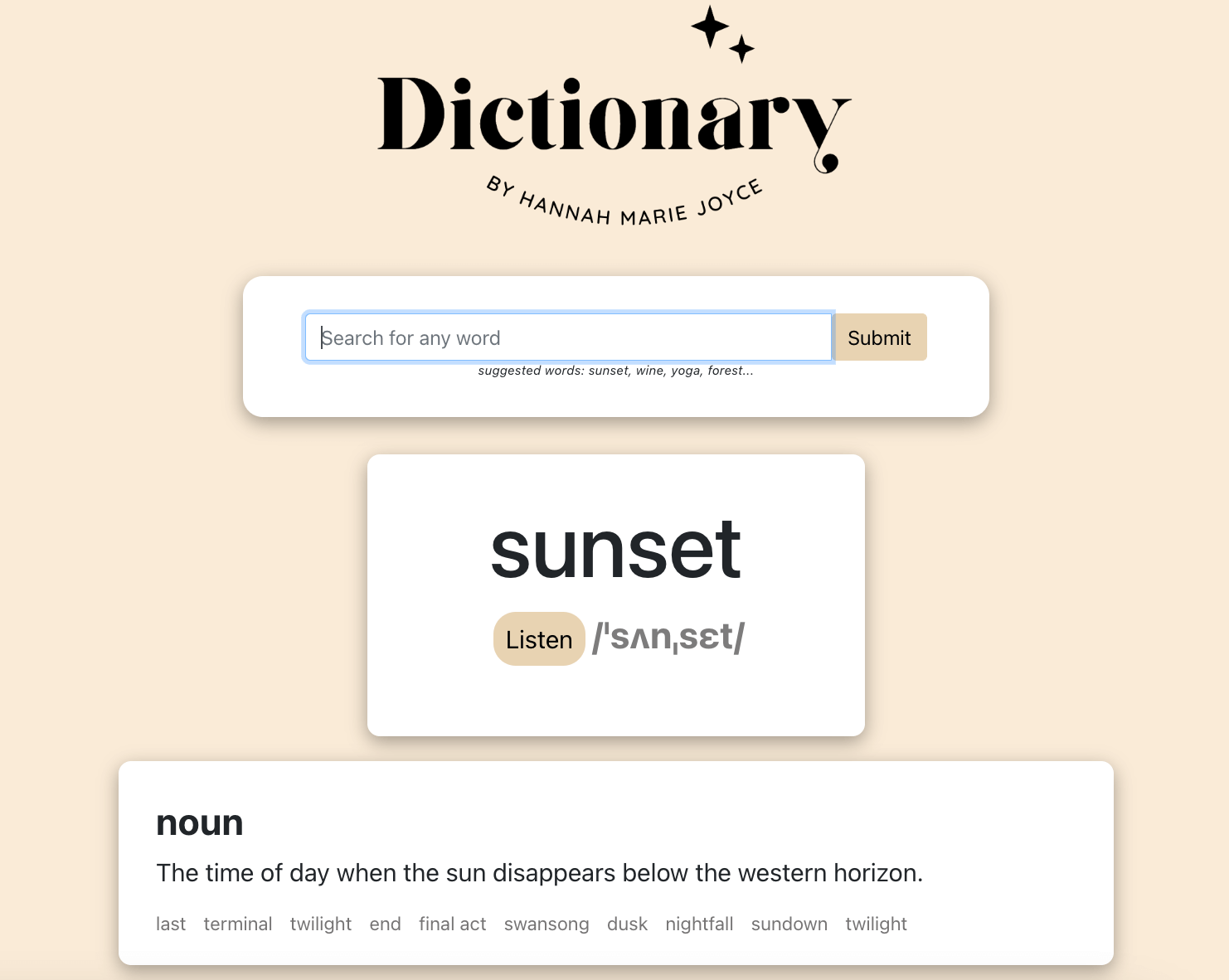 Dictionary created with React js by Hannah Marie Joyce